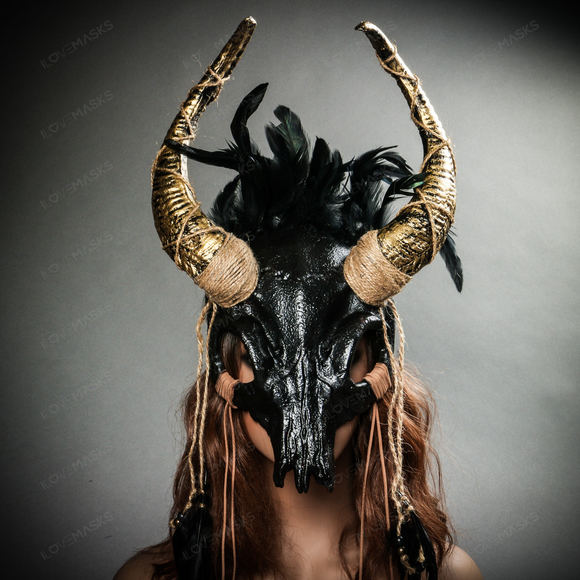Antelope Devil Gold Horns Animal Skull Ghost Masquerade Mask - Black - Picture 8 of 10